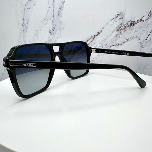 NEW PRADA Sunglasses Black Aviator Pilot 55-17mm Grey Lens Silver Logo - Picture 6 of 16